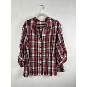 Cato Burton Down Red Plaid Blouse Plus Size 26/28 Roll Tab Sleeve